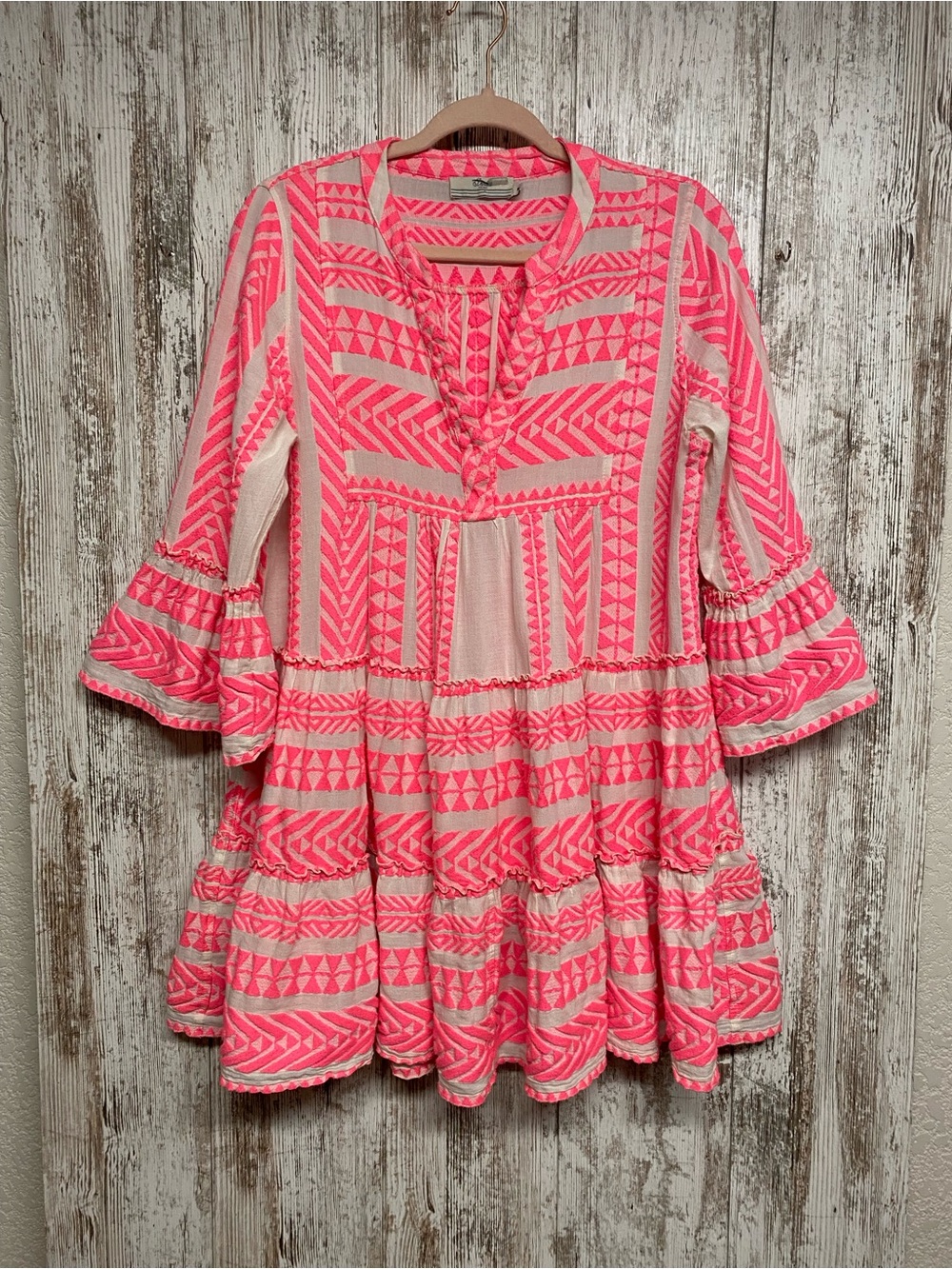Devotion TWINS Pink Patterned V-Neck Tiered Mini Dress - Picture 3 of 12